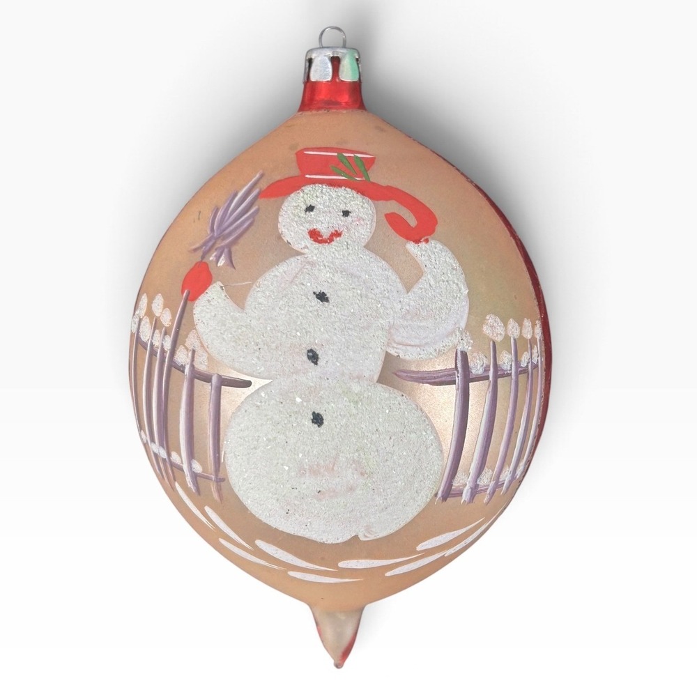 Vintage Poland Hand Painted Glass Snowman Christmas Ornament Red Gold Glitter